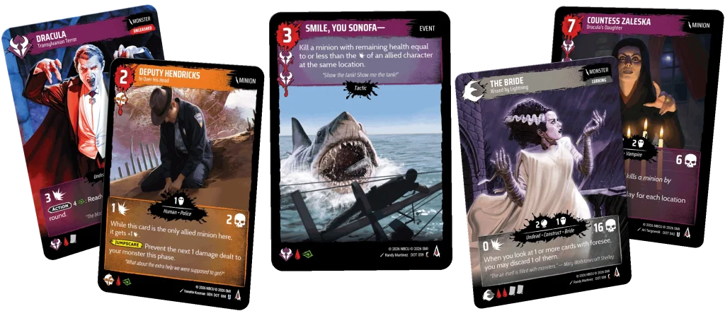 Cinq cartes Hellbreak : Dracula, l’adjoint Hendricks, le requin des Dents de la mer, la Fiancée de Frankenstein et la comtesse Zaleska