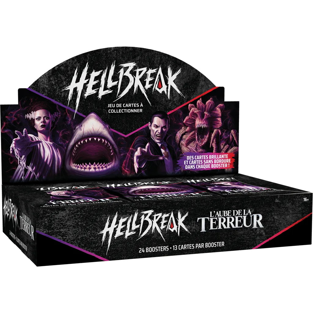 Dracula, la Fiancée de Frankenstein et le requin des Dents de la mer sur le présentoir de boosters Hellbreak L’Aube de la Terreur