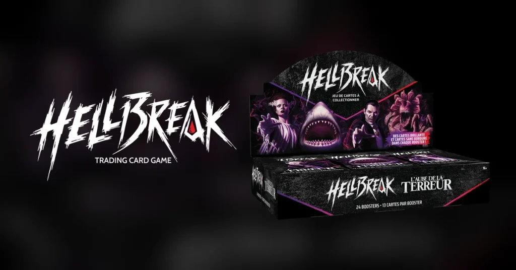Logo Hellbreak et présentoir de boosters L’Aube de la Terreur