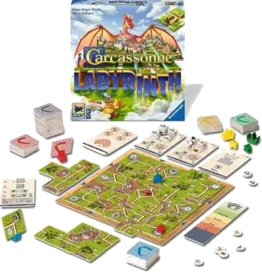 Boîte et matériel du jeu Carcassonne Labyrinth (Ravensburger)