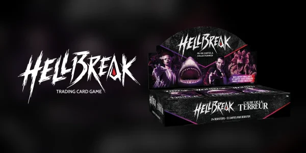 Logo Hellbreak et présentoir de boosters L’Aube de la Terreur